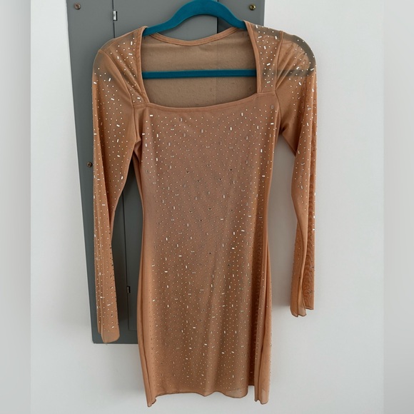 Shiny Rhinestone Long Sleeve Square Neck Bodycon Mini Party Dress - Picture 2 of 3